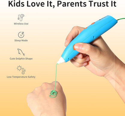 Low Temperature 3D Printing Pen Kit with Cute Shape Wireless 3D Pen, 17 Color 1.75mm PCL Filament, Car Stencil and Fun Small Car Toy Base Crayon 3D Stylo 3D (Blue)