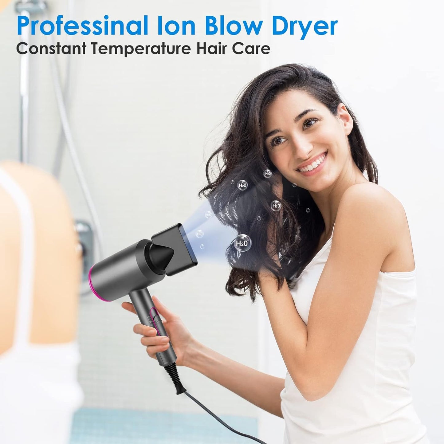 1800W Professional Ionic Hair Dryer with Diffuser & Nozzles – Fast Dry Blow Dryer with 3 Heat Settings & Cool Shot for Home & Travel