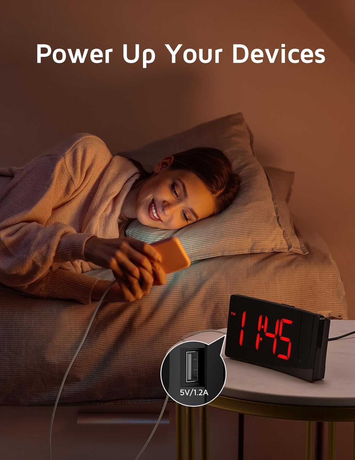 Projection Alarm Clock with 180° Rotatable Projector and USB Charging