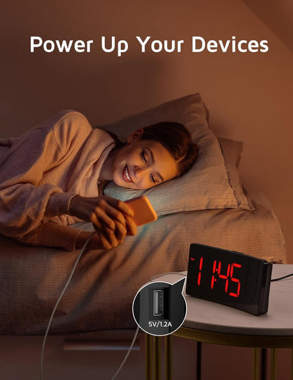 Projection Alarm Clock with 180° Rotatable Projector and USB Charging