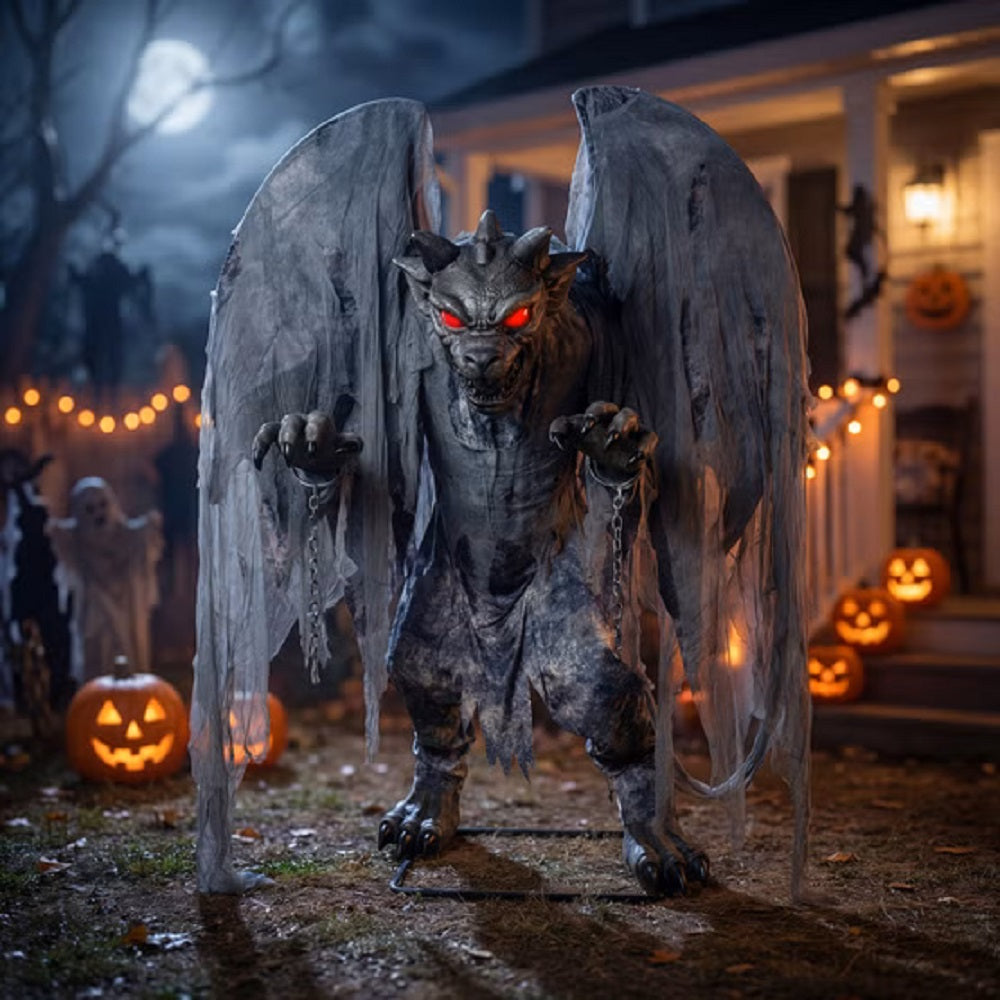 7.3 ft Animated Grim Stone Gargoyle Halloween Decoration