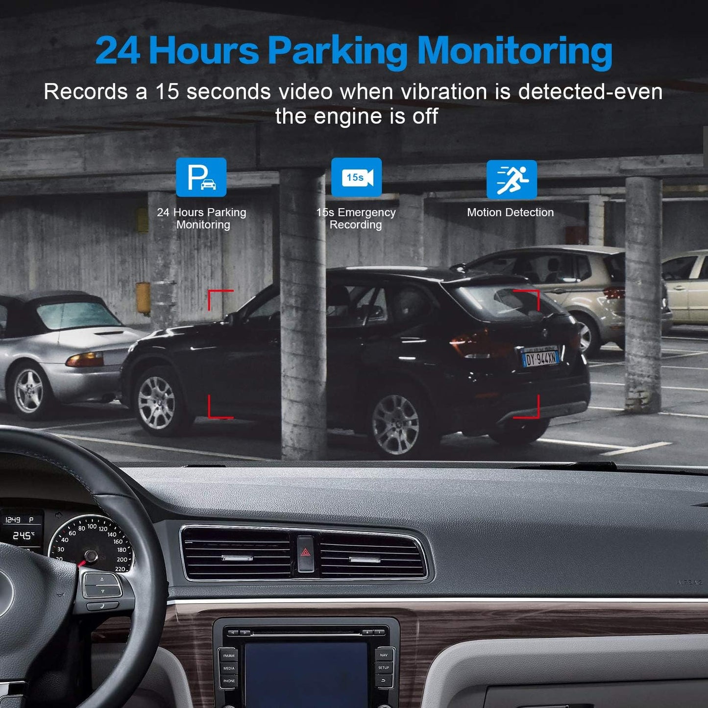 1080P FHD Dash Cam Front with 3" IPS Screen, 170° Wide Angle, G-Sensor, Parking Monitor, Loop Recording, Motion Detection, 32GB SD Card