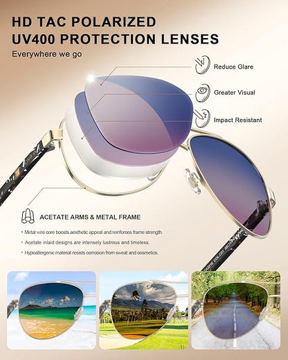 CARFIA Polarized Womens Sunglasses UV Protection Classic Pilot Sun Glasses Nickel-free Safety Metal Frame CA3216 Two Tone Lens