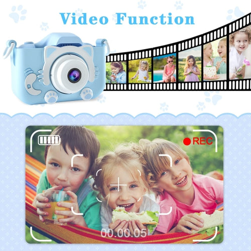 Cat Camera Toy for Kids, Digital Camera with 2.0 Inch Display, 100° angle lens, 3 puzzle games, 28 frames and 6 kinds of filters, HD Video Camera with 32GB SD Card.