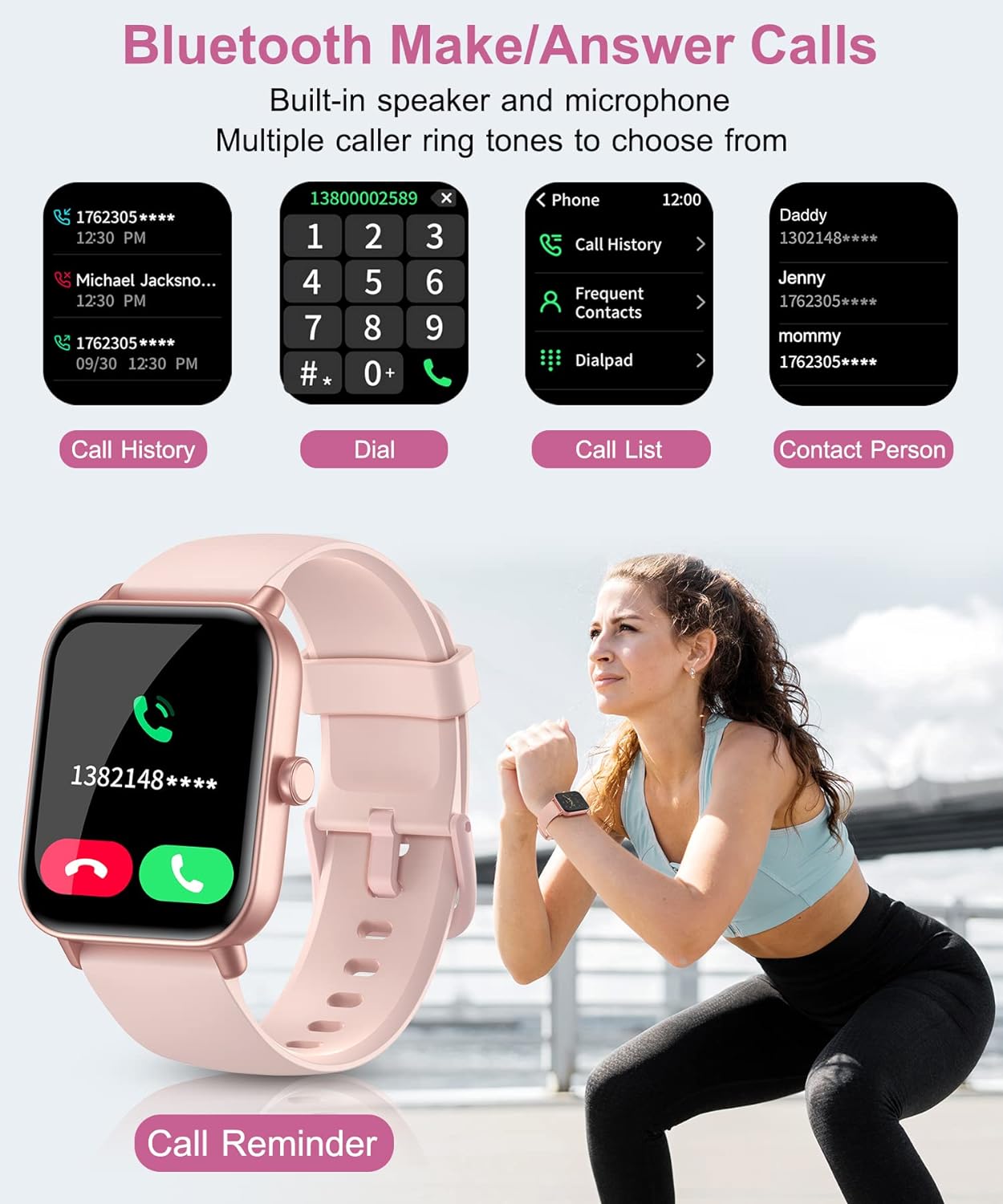 Gleam Up Smart Watch - Fitness Tracker, Heart Rate Monitor, IP68 Waterproof (Pink)