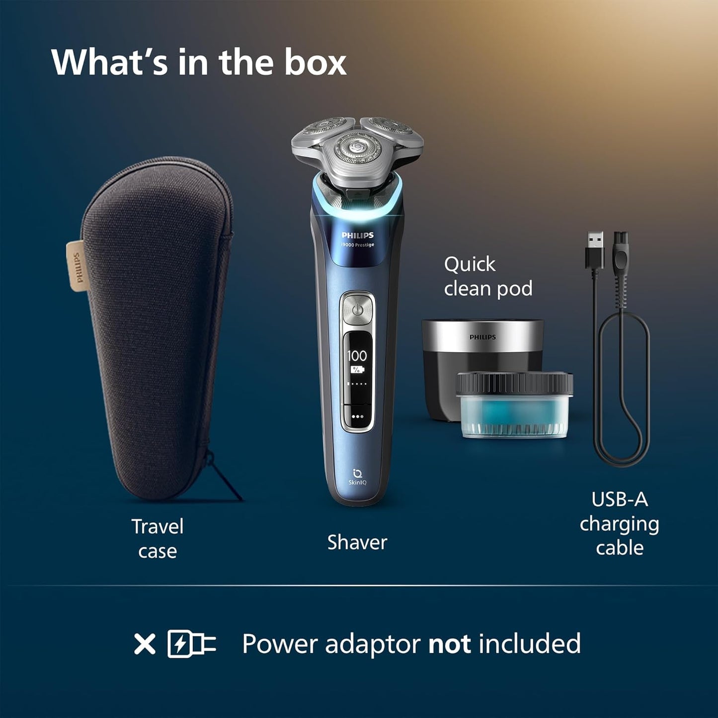 Philips i9000 Prestige Electric Shaver, Mystic Blue | SkinIQ Comfort, Wet or Dry Use, 360° Dual SteelPrecision Blades, Quick Clean Pod, Includes Travel Case, XP9201/20