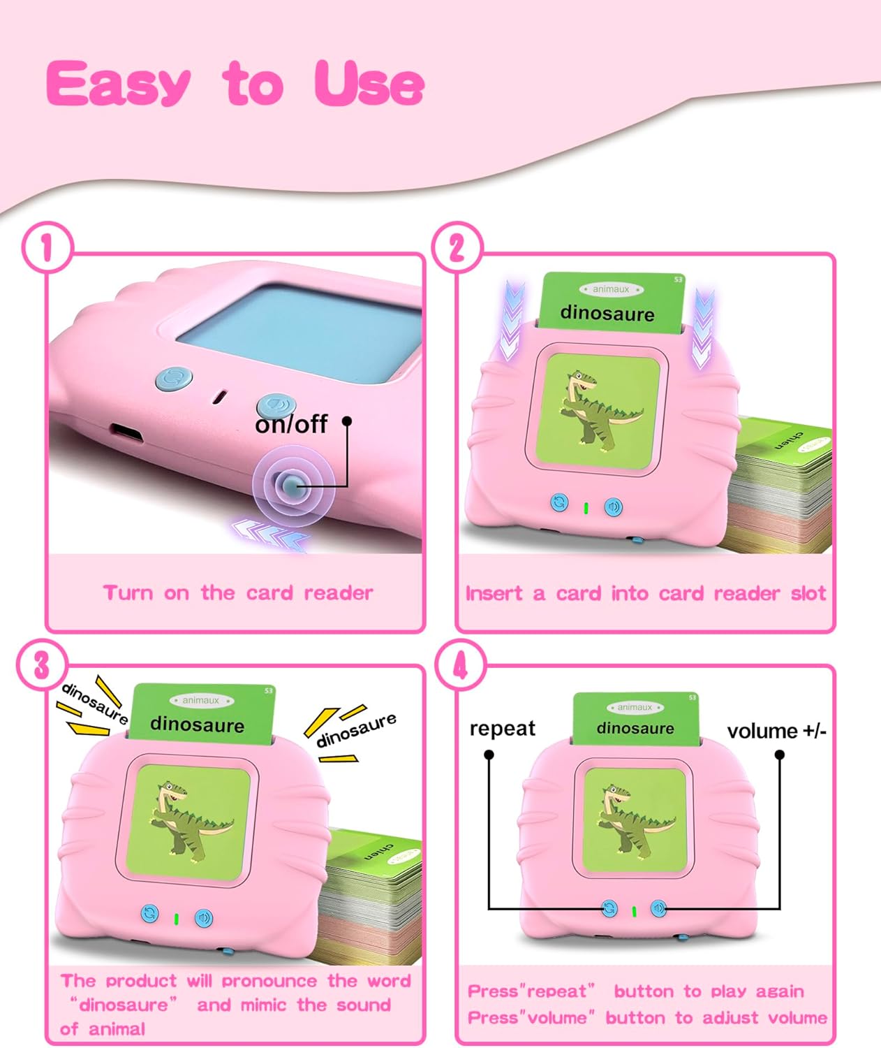French Talking Flash Cards for Kids, Toddlers Ages 2-6, ABC/Numbers/Colors/Shapes Starter Set, 112 Cards with 224 Sight Words – Perfect Christmas and Birthday Gifts (Pink).