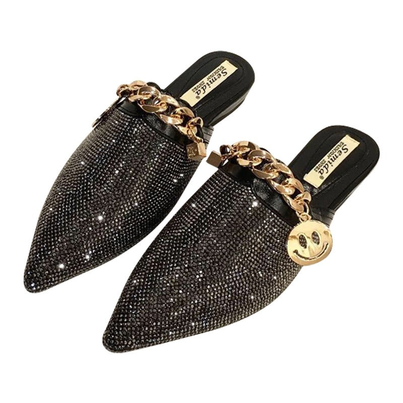 Half trailer shiny rhinestone flat heeled Muller shoes for women's sandals and slippers