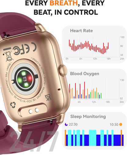 Smart Watch for Men & Women, 1.85" HD Fitness Tracker with Bluetooth Calling, Compatible with iOS & Android (Burgundy)