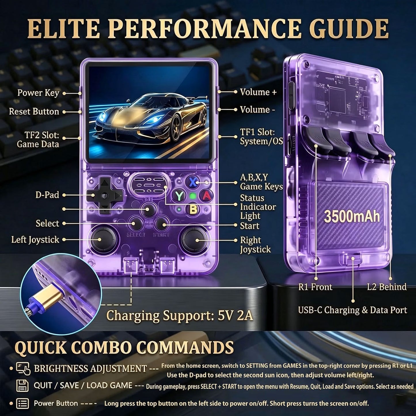 Retro Handheld Game Console with 3.5" IPS Screen, Dual Joysticks & 3500mAh Battery – Dark Misty Violet