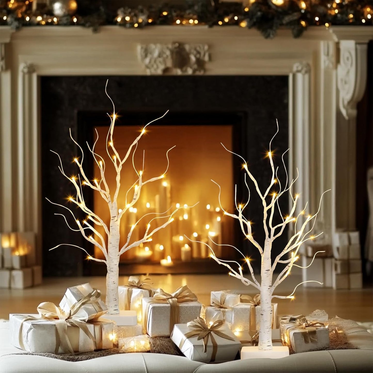 2-Pack 22" Lighted Birch Trees with Timer – Warm White LED Tabletop Christmas Decorations