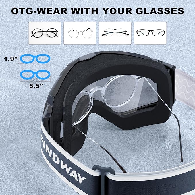 OTG (Over-the-Glasses) Design Ski & Snowboard Goggles for Men, Women & Youth with 100% UV Protection