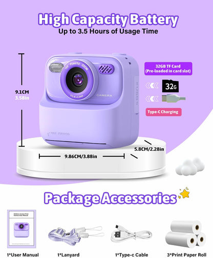Kids Instant Print Camera, Digital Photo & HD Video, Fun Gift for Girls Boys 3-12 (Purple)