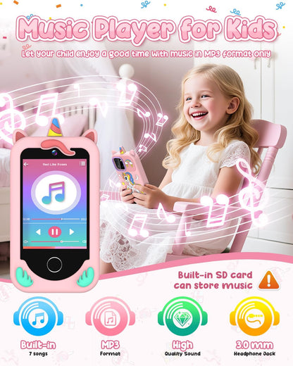Kids Smart Phone Toy Pink for Girls 3-8 Years Old. Toddler Unicorn Gifts, Educational games, Dual cameras, MP3 Music Player, and touchscreen pretend play. Toddler Birthday Gifts