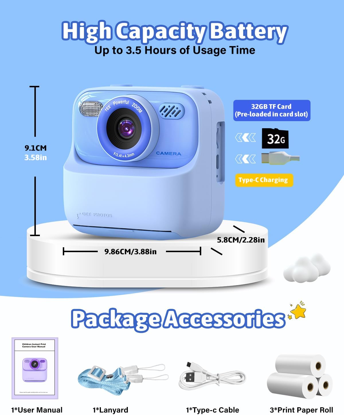 Kids Instant Print Camera, Digital Photo & HD Video, Fun Gift for Girls Boys 3-12 (Blue)