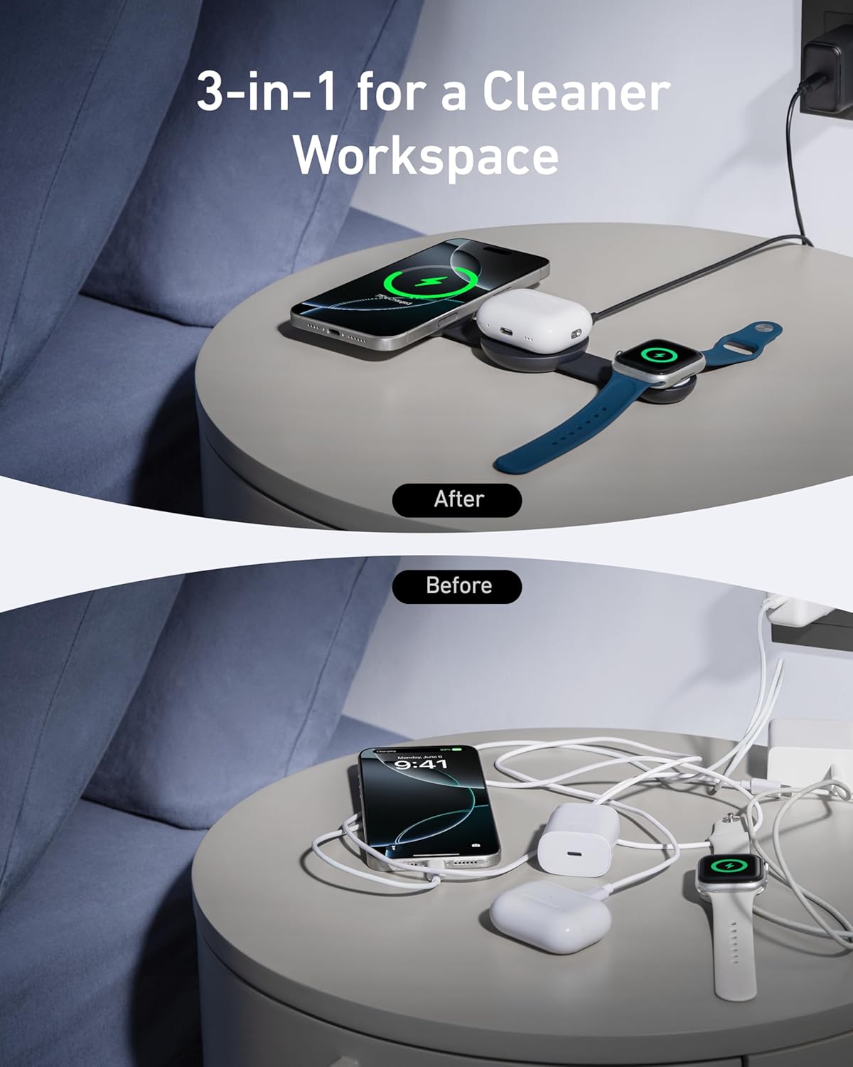Anker MagSafe Compatible MagGo UFO 3-in-1, 15W Qi2 Certified, Foldable Travel Charging Pad, for iPhone 17/16/15/14, AirPods, Apple Watch