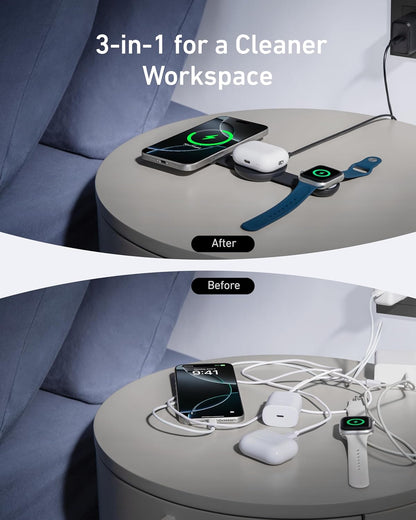 Anker MagSafe Compatible MagGo UFO 3-in-1, 15W Qi2 Certified, Foldable Travel Charging Pad, for iPhone 17/16/15/14, AirPods, Apple Watch