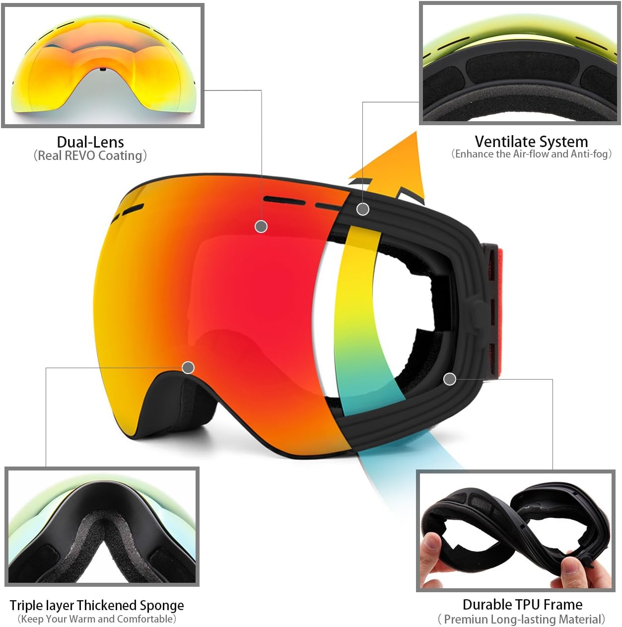 OTG (Over-the-Glasses) Design Ski & Snowboard Goggles for Men, Women & Youth with 100% UV Protection (Black/Red)