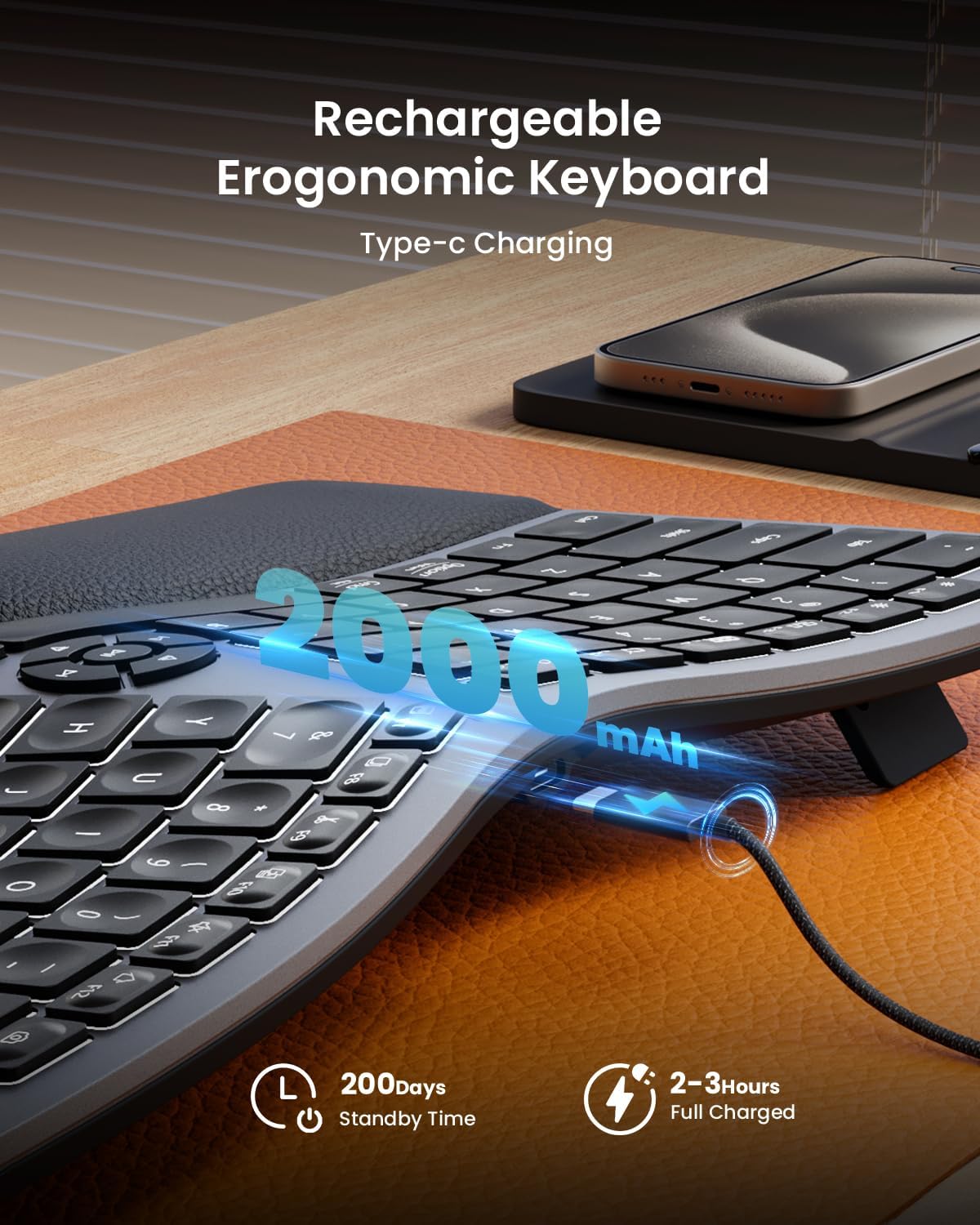 EK01 Plus Wireless Ergonomic Keyboard with Backlight, Split Design, Wrist Rest, USB-C Rechargeable, Multi-Device Bluetooth & USB