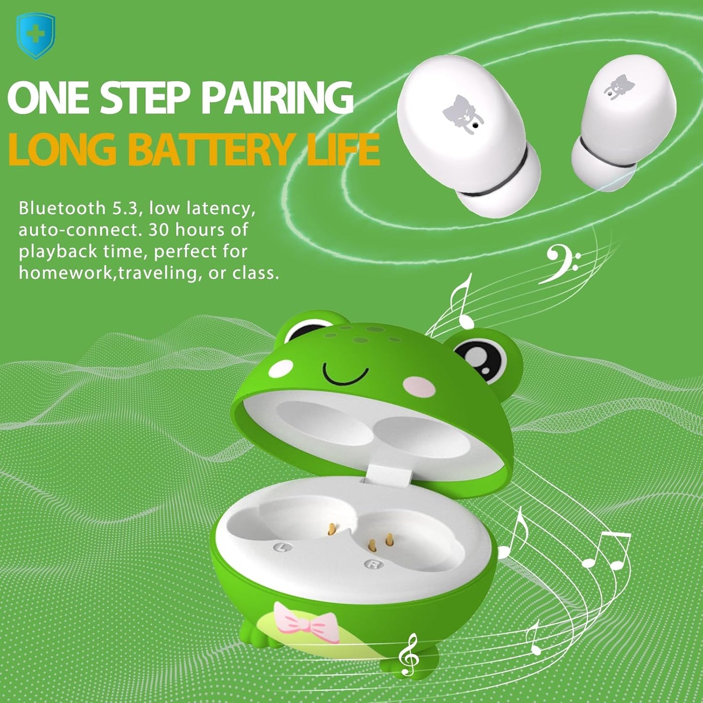 Kids Wireless Earbuds with 85dB Volume Limit, Bluetooth 5.3 & 30H Playtime (FROG)