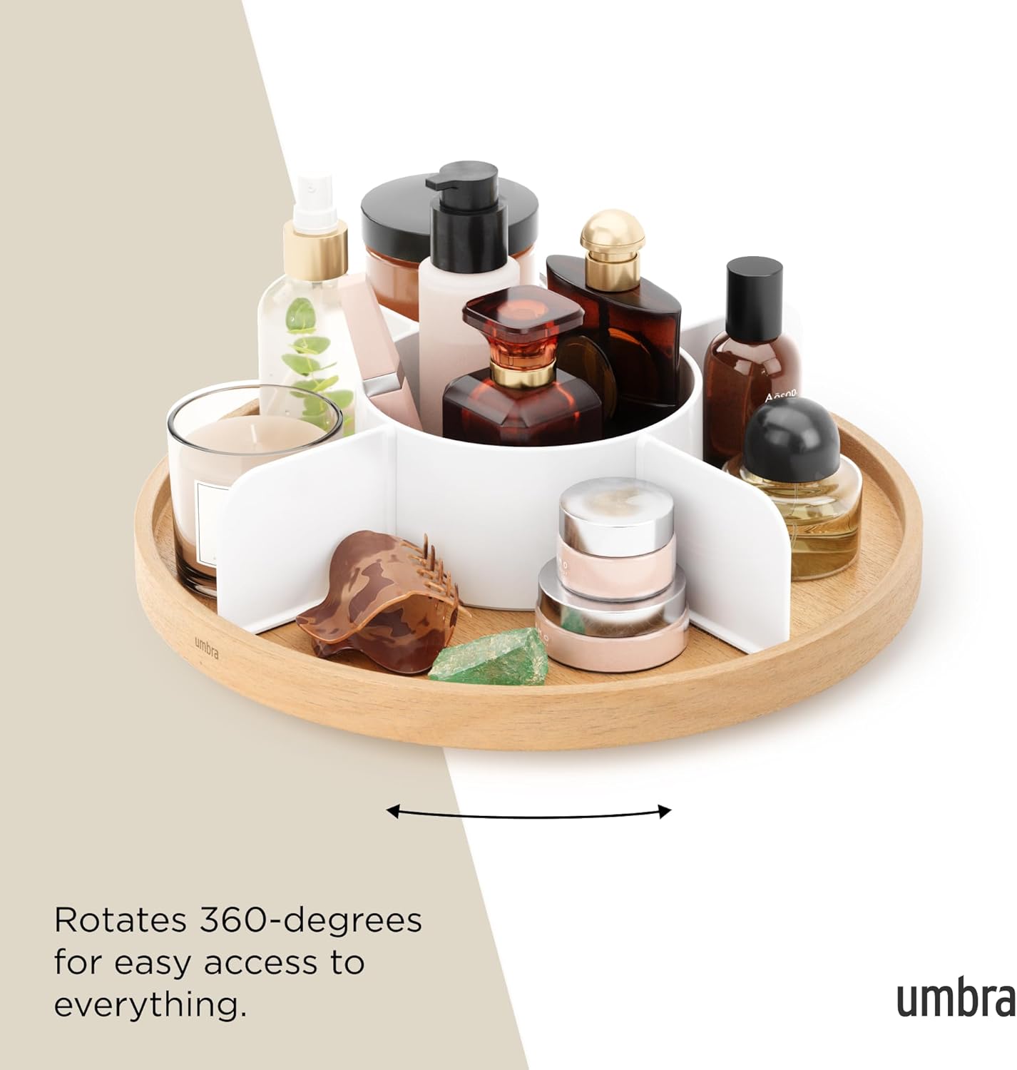 Umbra Bellwood Lazy Susan Divided Tray Organizer for Pantry Spices and More, Natural/White