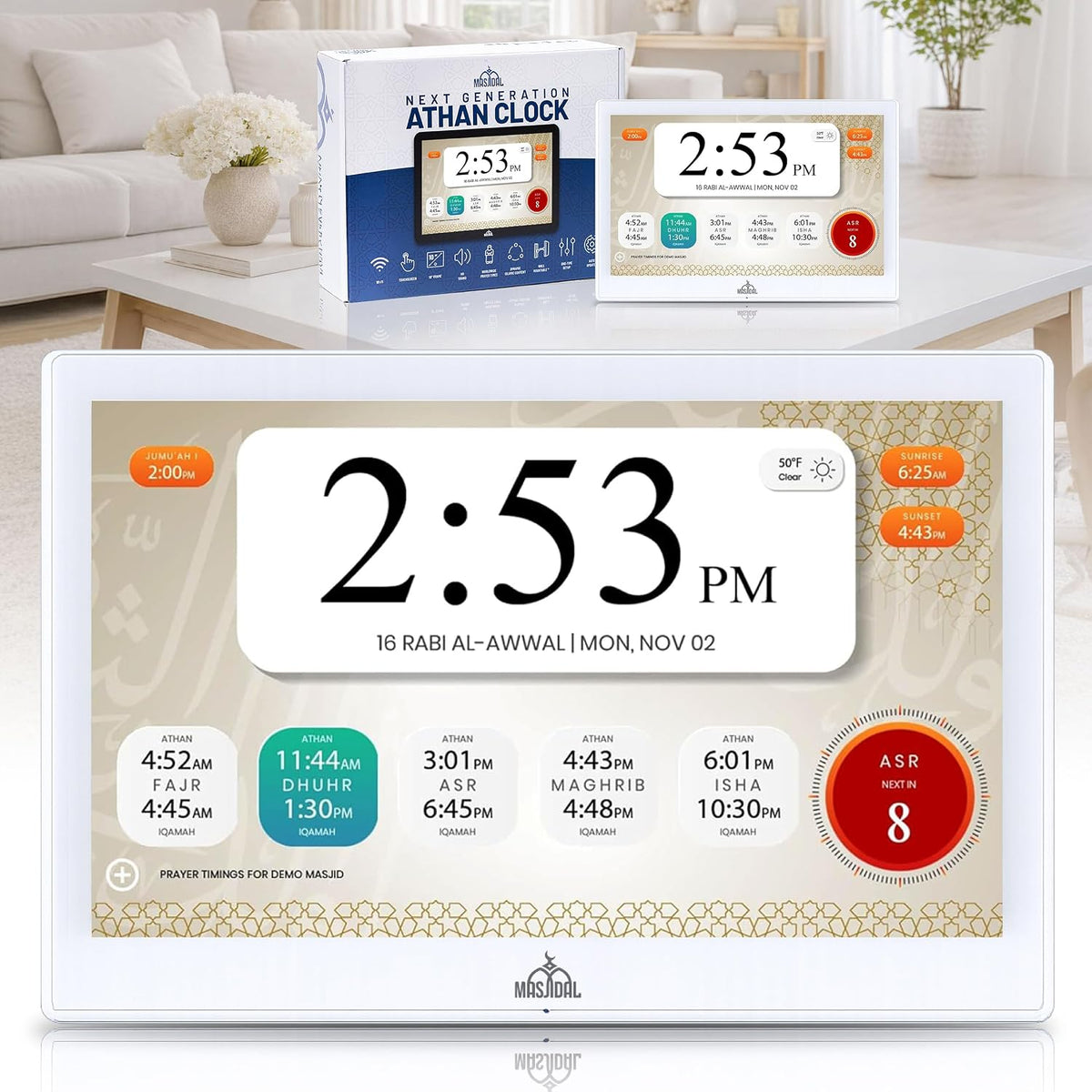 Masjidal 14" Digital Azan Clock with WiFi, Touchscreen, Full Quran & Worldwide Prayer Times