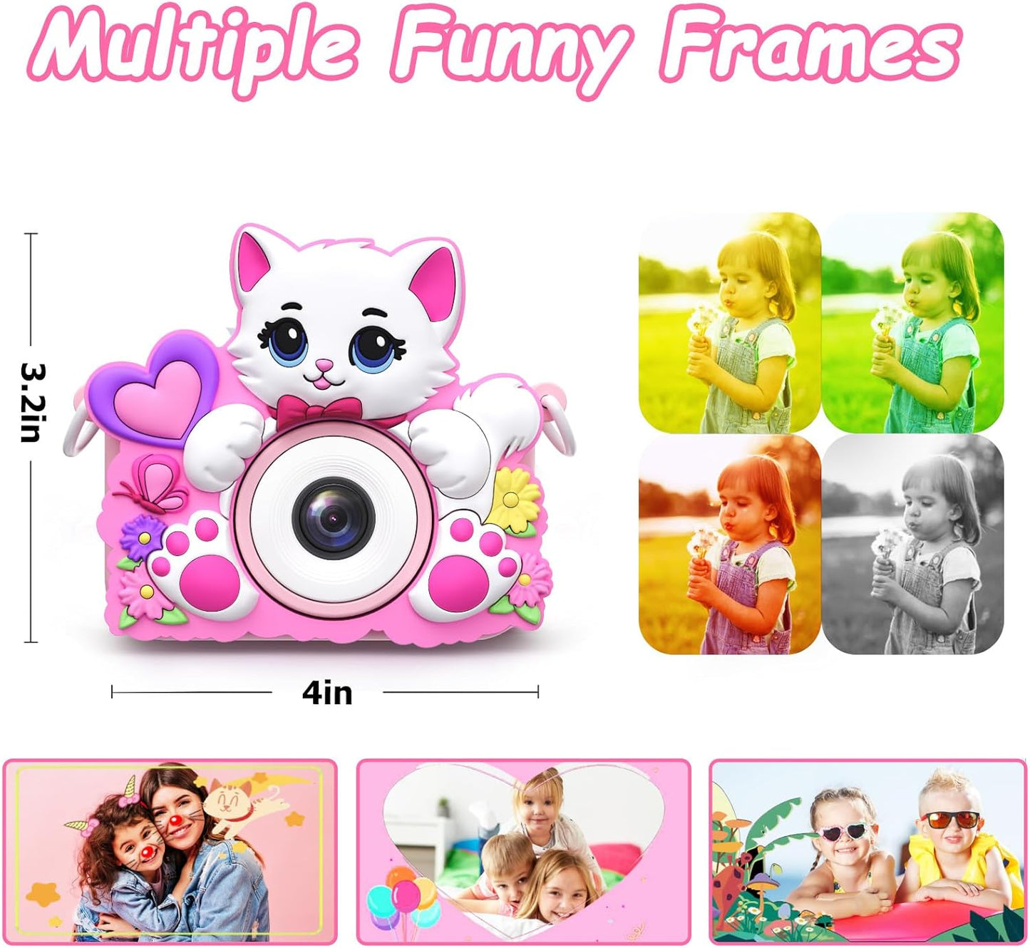 Kids Camera with 3 Magnetic Covers (Princess/Unicorn/Cat), HD Selfie Video, Christmas Gift for Girls 3–5, 32GB SD Card