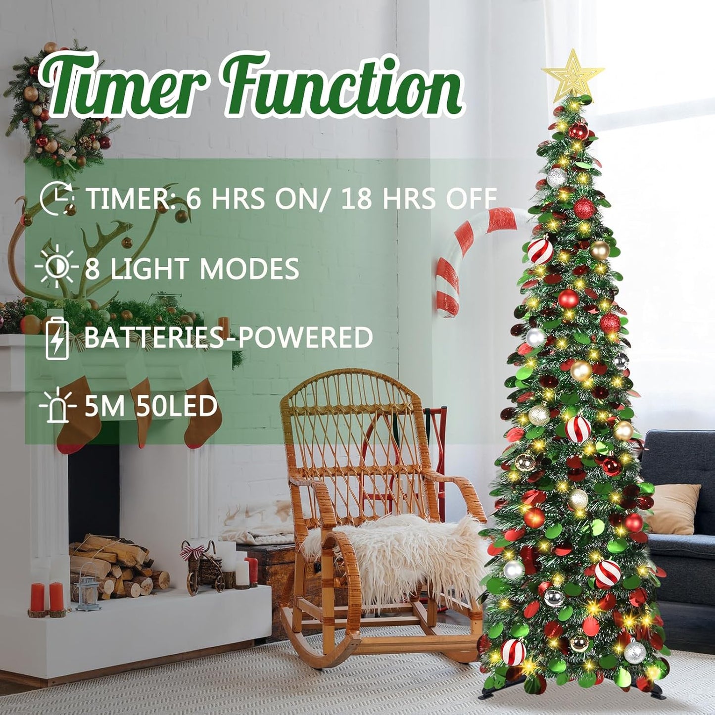 5FT Pop Up Christmas Tree with Timer LED Lights, 24 Ornaments & Star Topper  –  Collapsible Tinsel Pencil Tree for Home or Office
