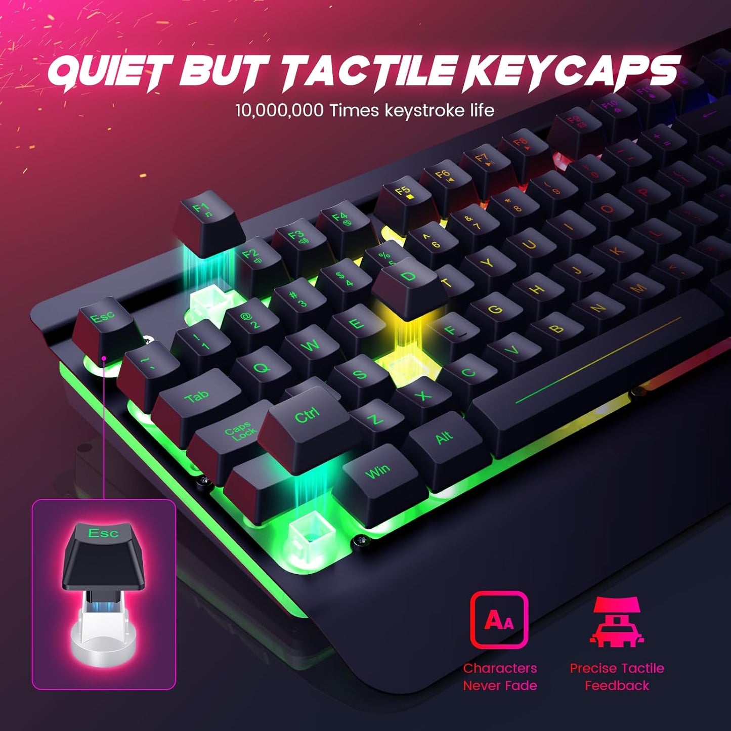 Gaming Keyboard and Mouse Combo, 104 Keys All-Metal Panel Light Up Silent Computer Keyboard, Wrist Rest, LED Backlit 4200 DPI Gaming Mouse, Wired Keyboard Mouse Set for PC MAC Xbox Gamer