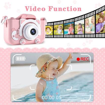 Cat Camera Toy for Kids, Digital Camera with 2.0 Inch Display, 100° angle lens, 3 puzzle games, 28 frames and 6 kinds of filters, HD Video Camera with 32GB SD Card.