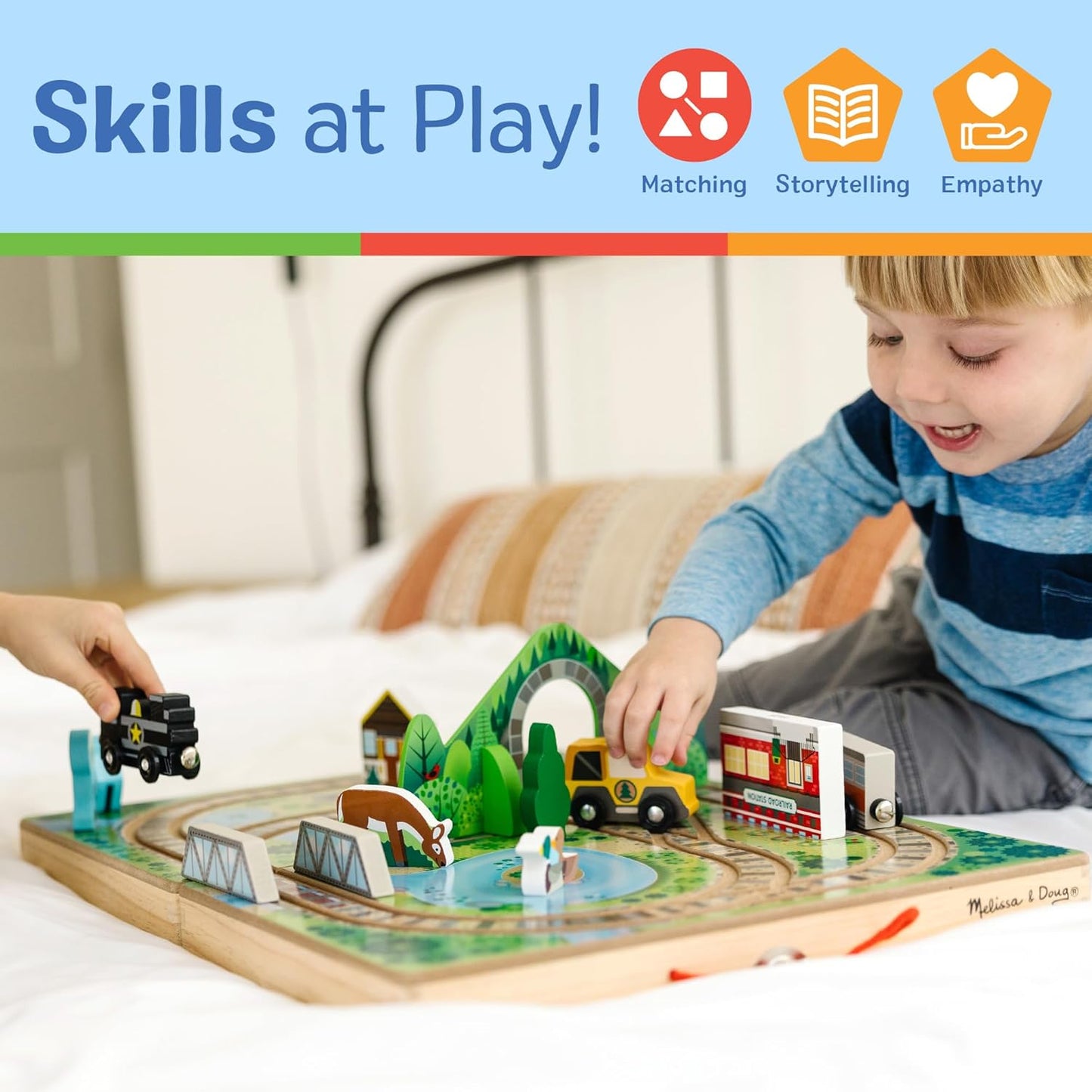 Melissa & Doug Take-Along Wooden Train Set with Foldable Carry Case, 17 Pieces