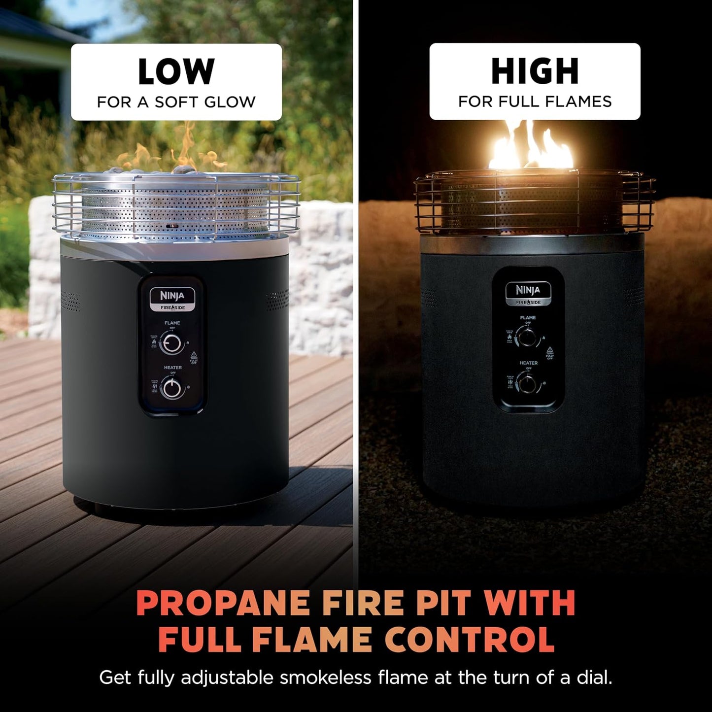 Ninja Fireside360 OF101C Smokeless Outdoor Fire Pit & Patio Heater, 80,000 BTU Propane Heater with Flame & Heat Modes