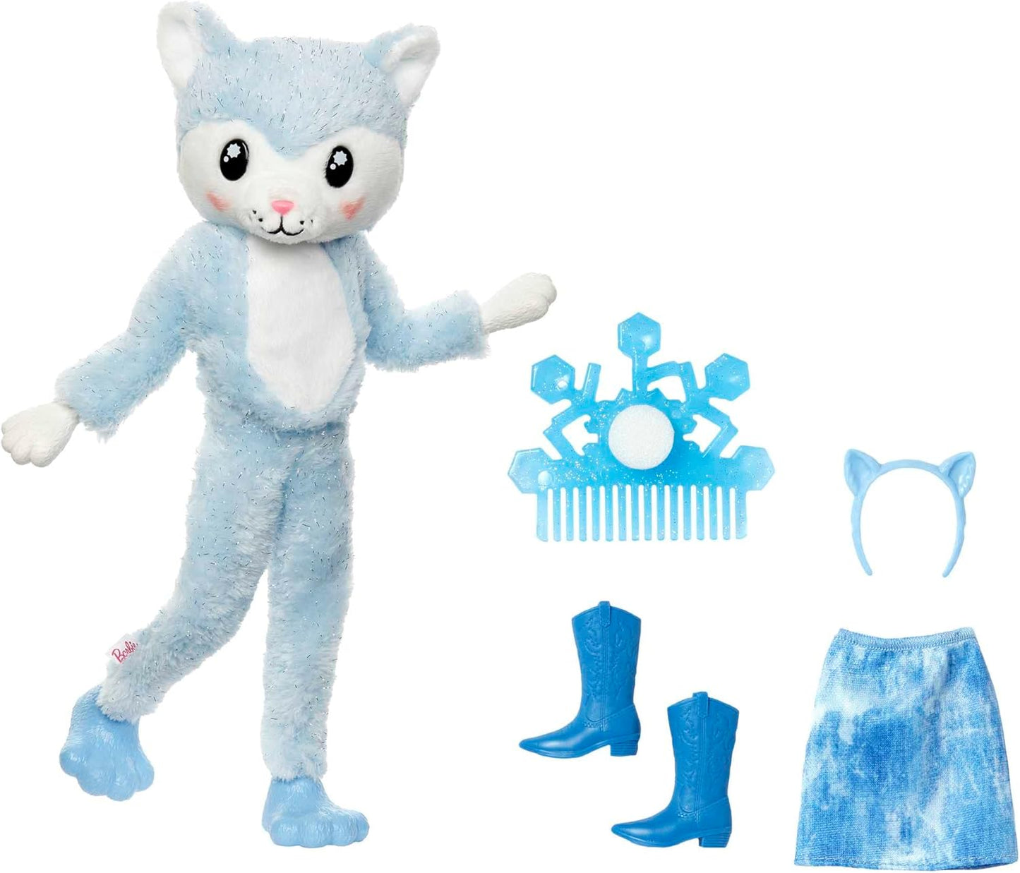 Barbie Cutie Reveal Doll, Snowflake Sparkle Series Husky Plush Costume, 10 Surprises Including Mini Pet & Color Change