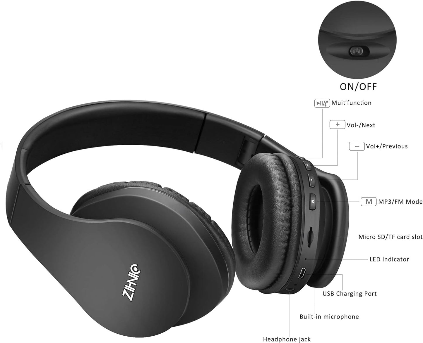 ZIHNIC Foldable Bluetooth Over-Ear Headphones: Wireless & Wired Stereo Headset with Micro SD/TF, FM - Ultra-Soft Earmuffs, Lightweight, Perfect for All-Day Wear (Black)