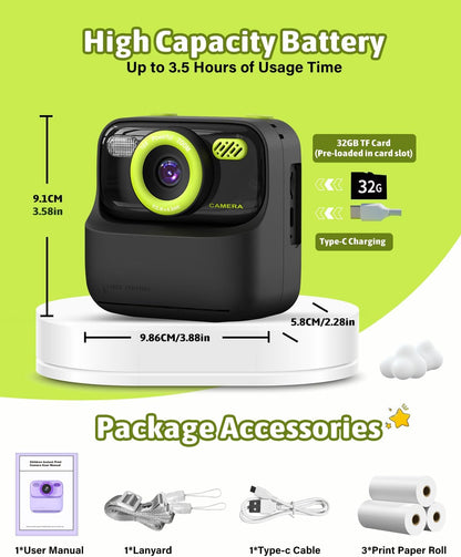 Kids Instant Print Camera, Digital Photo & HD Video, Fun Gift for Girls Boys 3-12 (Black)
