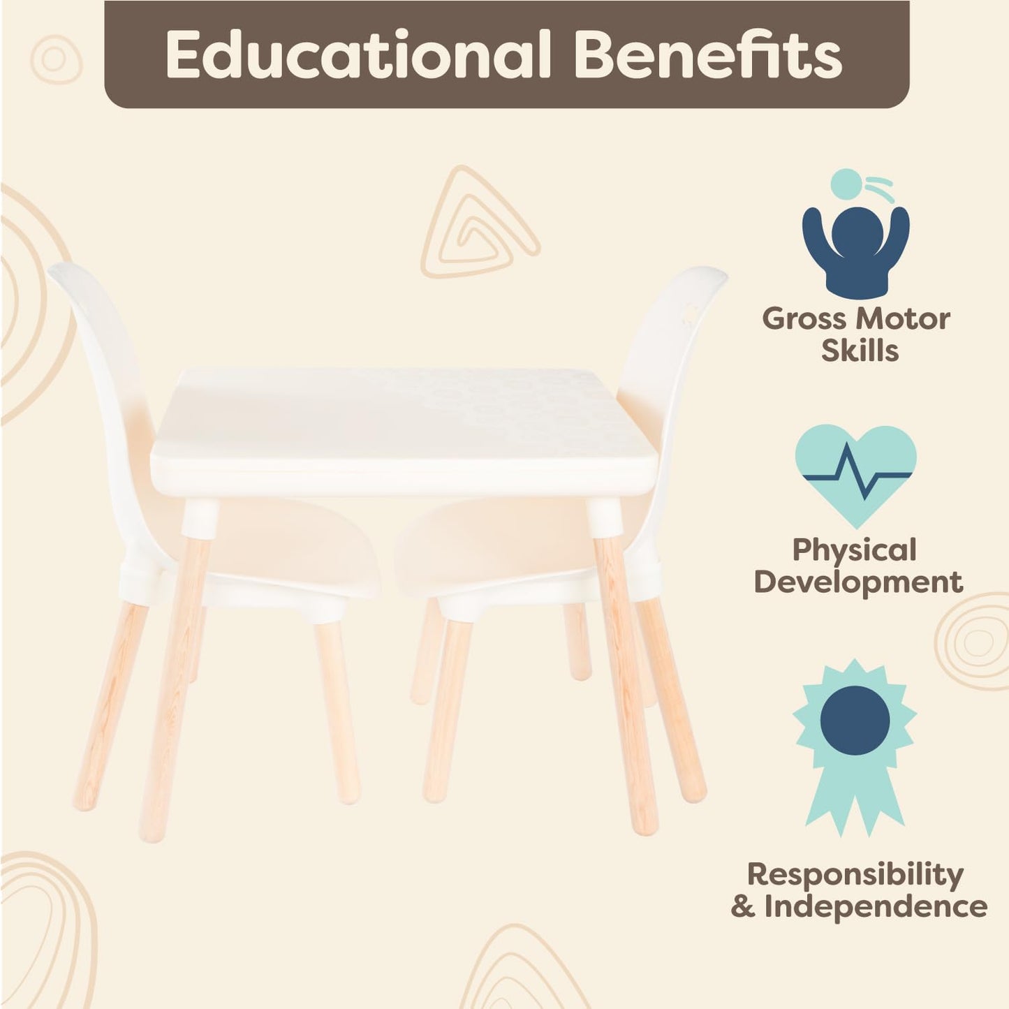 Table and Chair Set for Toddlers – 1 Craft Table & 2 Chairs, Natural Wooden Legs, Ivory, 3+ Years