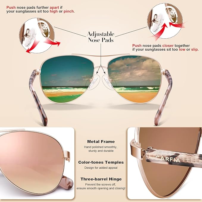 CARFIA Polarized Womens Sunglasses UV Protection Classic Pilot Sun Glasses Nickel-free Safety Metal Frame CA3216 Pink Mirror