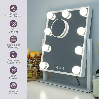 Lighted Vanity Makeup Mirror 14x12" with 9 Bulbs, Touch Control, 3 Color Modes