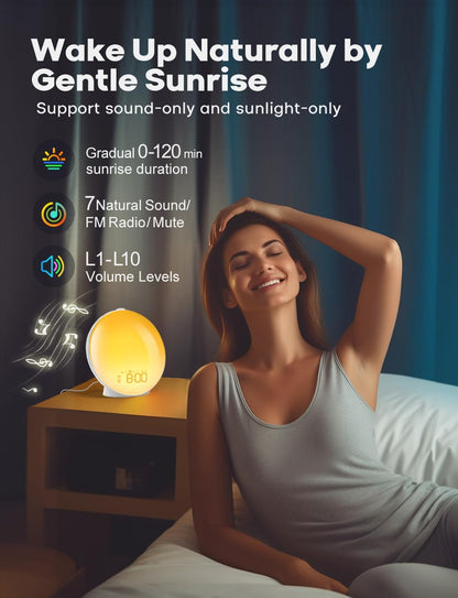 Sunrise Alarm Clock Wake Up Light, Dekala Alarm Clocks for Bedrooms, Sunrise Simulation, Noise Sound Machine, Sleep Mode, Dual Alarms, FM Radio, Snooze, 15 Smoothing Sounds