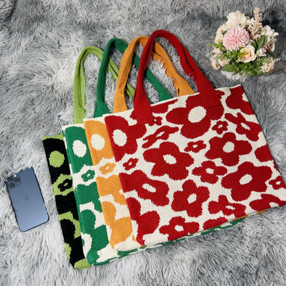 New Flower Bag Knitted Bag Large Capacity Tote Bag Student Shoulder Bag Woolen Bag Trendy Girl