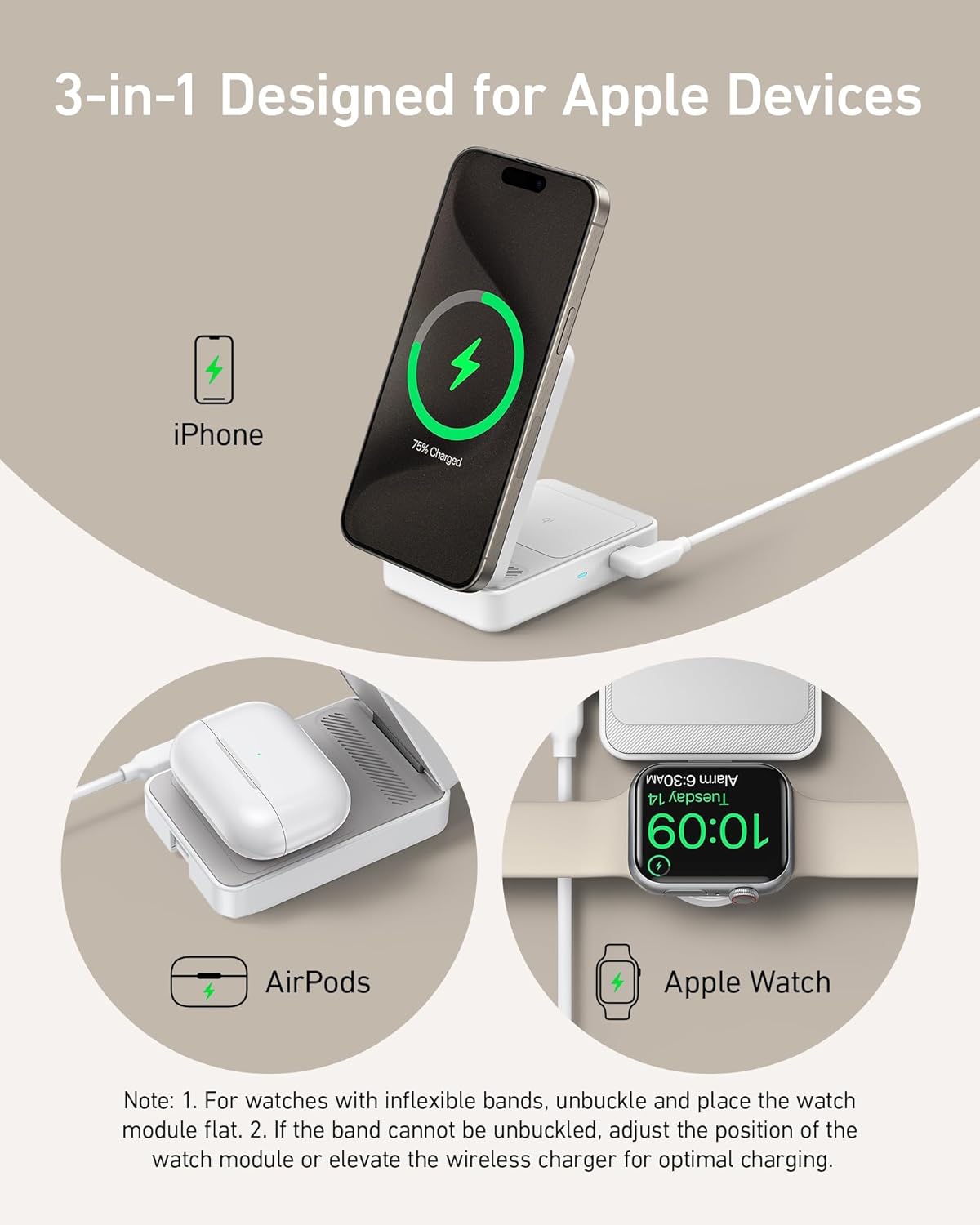 Anker MagGo 3 in 1 iPhone 17 Charging Station, MagSafe-Compatible Wireless Charger Stand, Qi2 Certified 15W Foldable Charger for iPhone 17/16/15/14/13/12, AirPods, Apple Watch Ultra(Adapter Included)