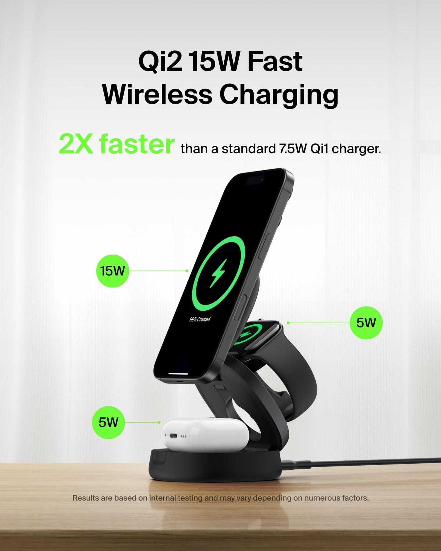 Belkin MagSafe 3-in-1 Qi2 Wireless Charging Station 15W, Convertible Wireless Charger for iPhone 17, Apple Watch, AirPods w/ 36W Adapter - Black