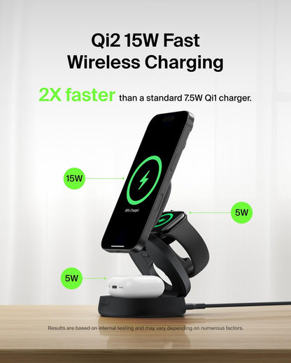 Belkin MagSafe 3-in-1 Qi2 Wireless Charging Station 15W, Convertible Wireless Charger for iPhone 17, Apple Watch, AirPods w/ 36W Adapter - Black
