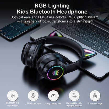 ULTREND Bluetooth Kids Headphones - Cat Ear LED, 85dB Volume, Foldable (Black)