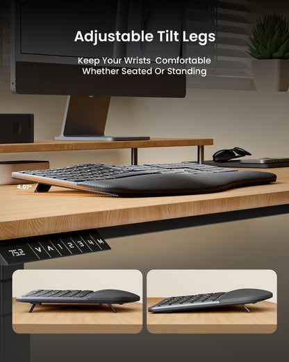 EK01 Plus Wireless Ergonomic Keyboard with Backlight, Split Design, Wrist Rest, USB-C Rechargeable, Multi-Device Bluetooth & USB