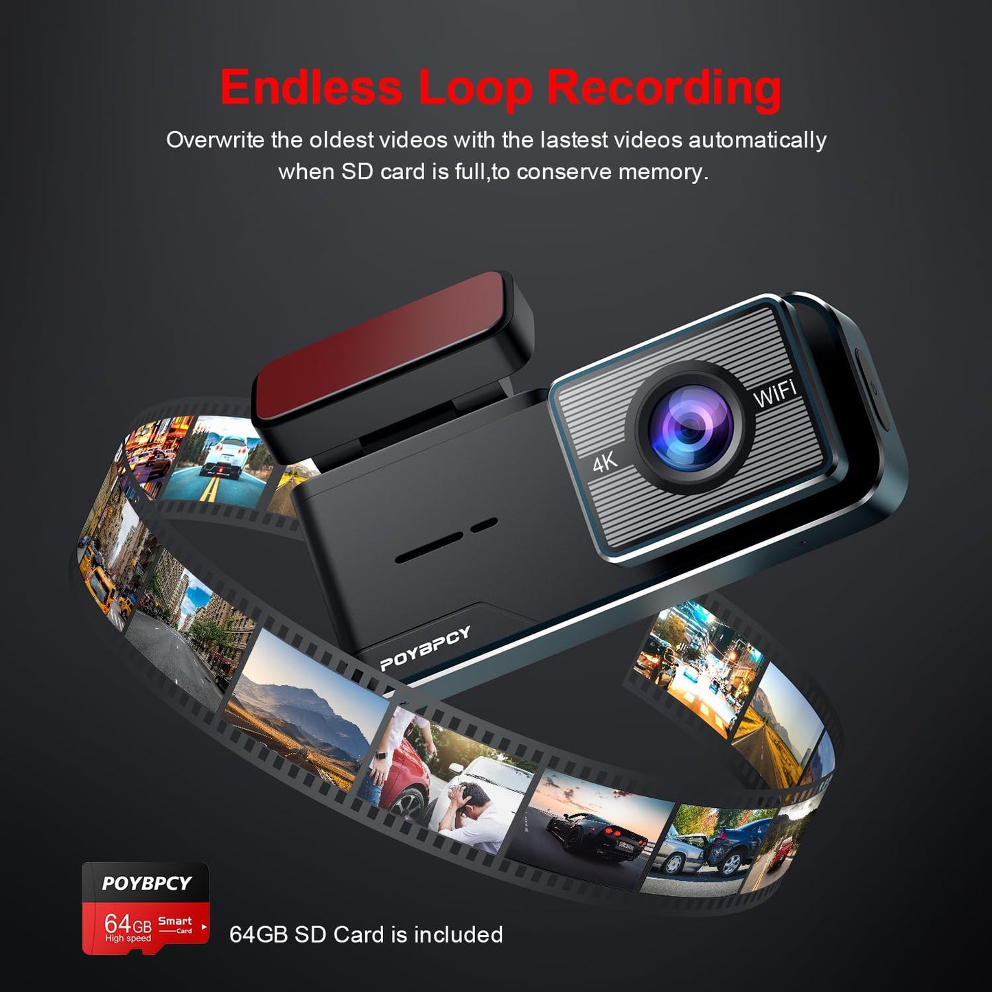 4K Dash Cam with WiFi & 64GB SD Card – Ultra HD 2160P Car Camera with WDR, Night Vision, Parking Mode, G-Sensor, Loop Recording