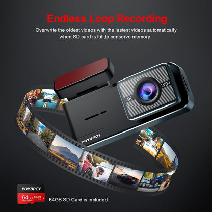 4K Dash Cam with WiFi & 64GB SD Card – Ultra HD 2160P Car Camera with WDR, Night Vision, Parking Mode, G-Sensor, Loop Recording