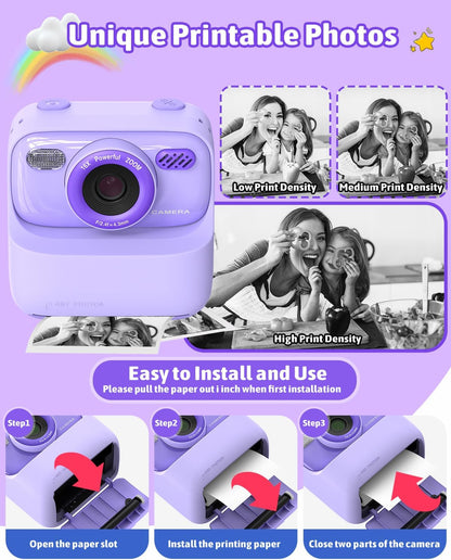 Kids Instant Print Camera, Digital Photo & HD Video, Fun Gift for Girls Boys 3-12 (Purple)