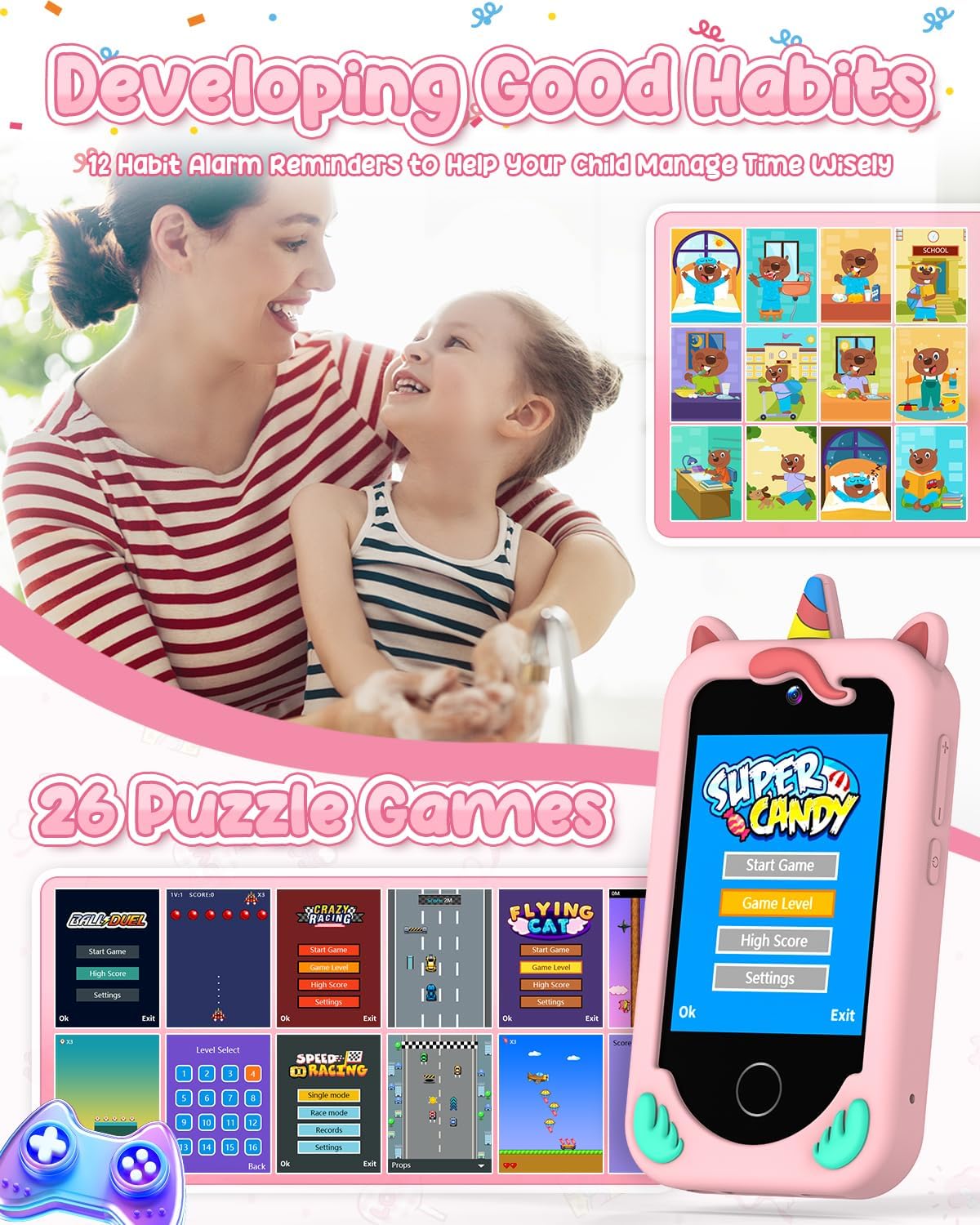 Kids Smart Phone Toy Pink for Girls 3-8 Years Old. Toddler Unicorn Gifts, Educational games, Dual cameras, MP3 Music Player, and touchscreen pretend play. Toddler Birthday Gifts