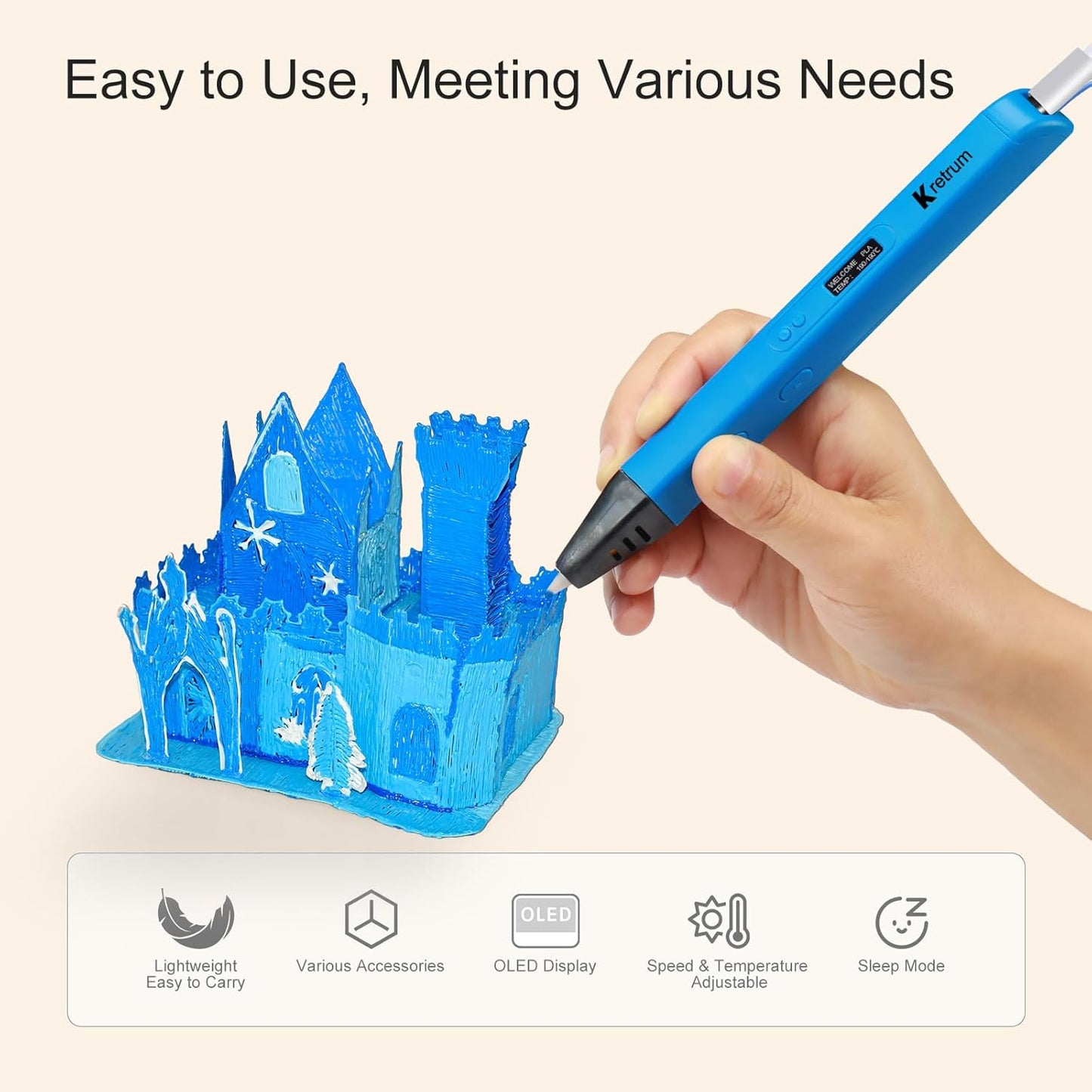 Professional 3D Pen for Kids and Adults | 3D Printing Pen with OLED Display as Gift | 3D Drawing Pen with Finger Protector, Pen Hold, 1.75mm PLA Filament, Stencil Bool, Charger | Stylo 3D Blue